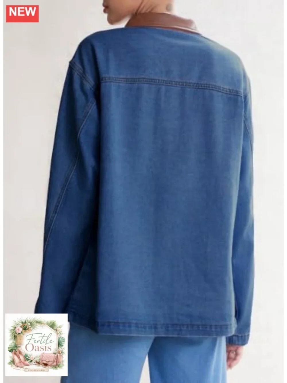 Loose Cotton Blend Denim Jacket with Leather Collar, Button Down Long Sleeve